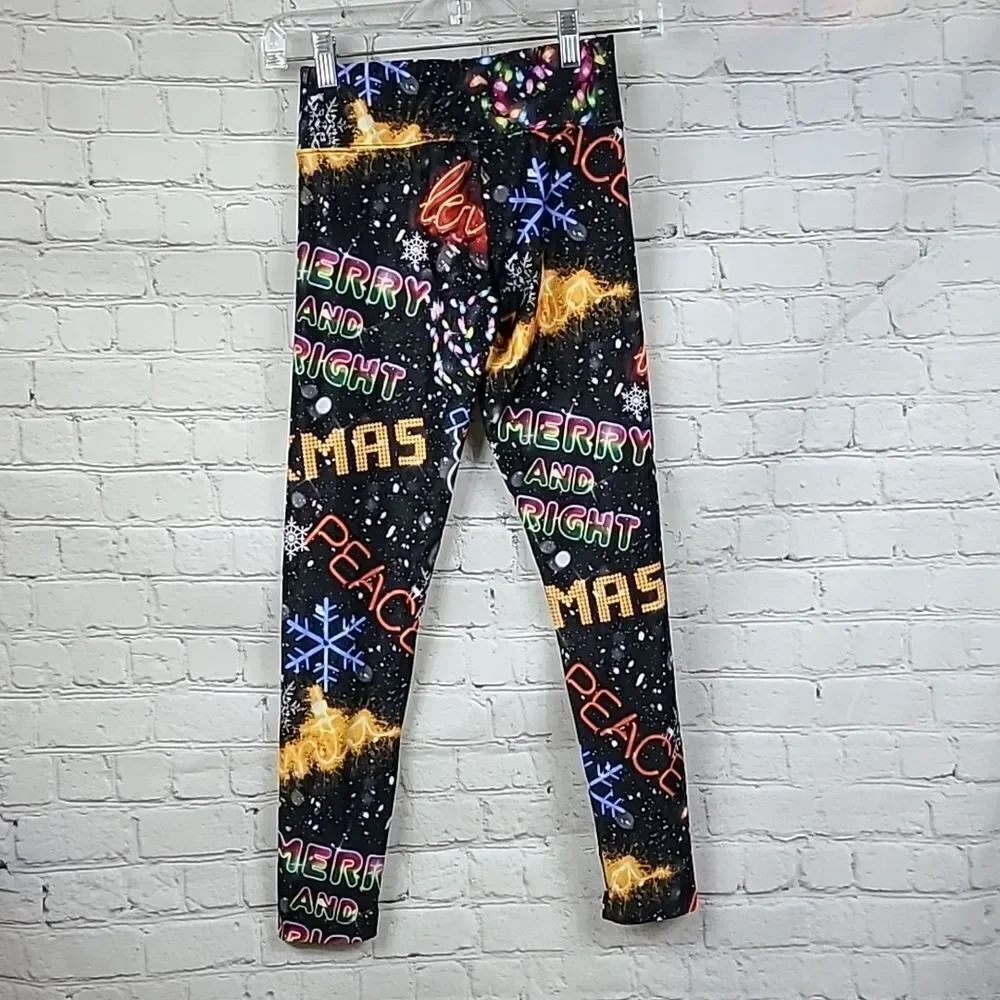 Justice Girls 12 Black Neon Lights Christmas Legging Holiday Print Yoga Pant